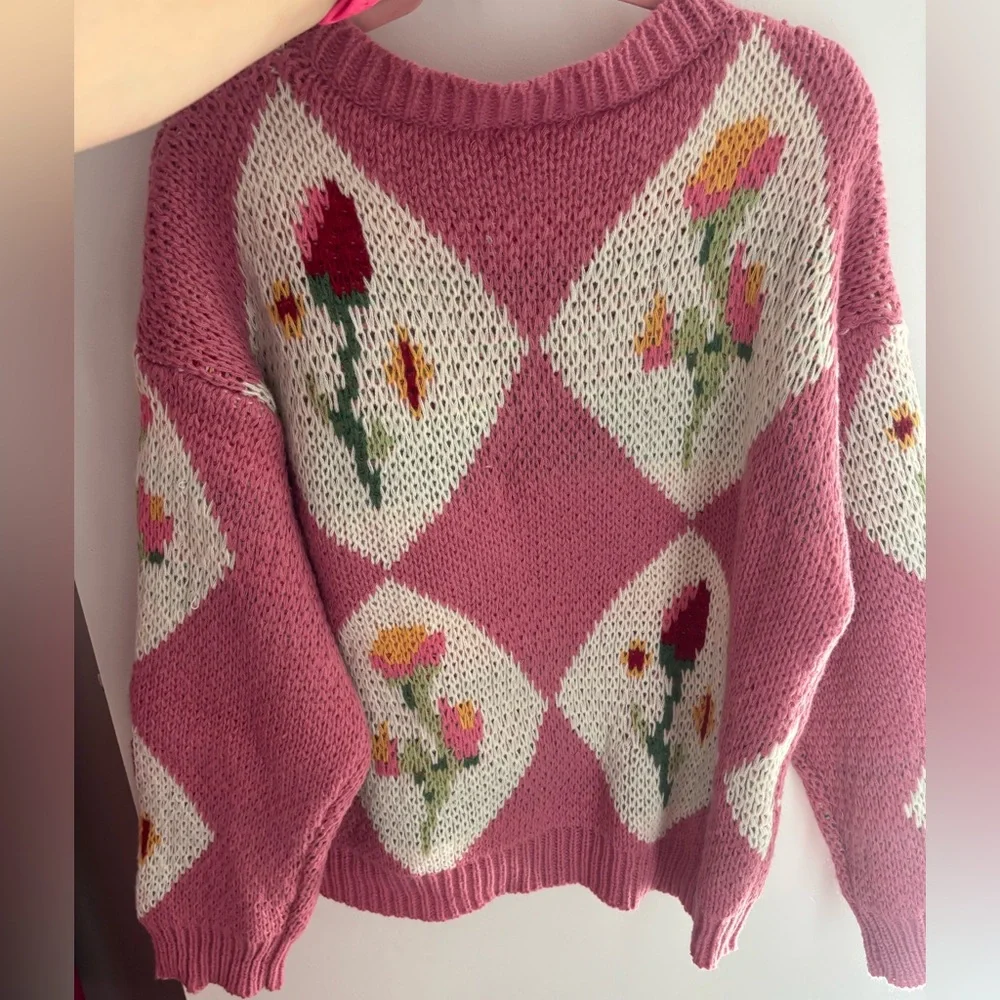 Pink Floral Knit Cardigan Sweater - Picture 5 of 6